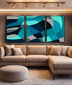 Trio de Quadros Abstrato Mosaico cores Azul Cinza Canvas Moldura