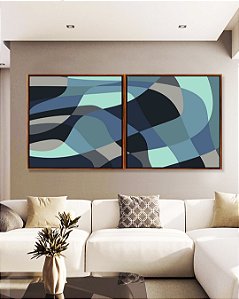 Duo de Quadros Quadrados Abstrato Mosaico cores Azul Cinza Canvas Moldura