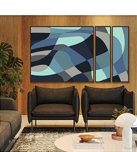 Trio de Quadros Estilizados Abstrato Mosaico cores Azul Cinza Canvas Moldura