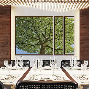 Trio de Quadros Estilizados Natureza Árvore de Folhas Verdes Paisagem Canvas Moldura