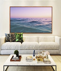 Quadro Horizontal Nascer do Sol Rosa Lilás Mar Azul Natureza Canvas Moldura