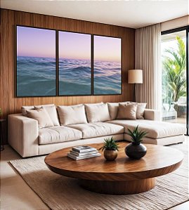 Trio de Quadros Nascer do Sol Rosa Lilás Mar Azul Natureza Canvas Moldura