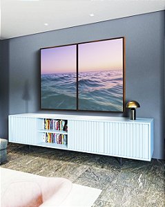 Duo de Quadros Nascer do Sol Rosa Lilás Mar Azul Natureza Canvas Moldura