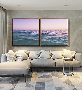 Duo de Quadros Quadrados Nascer do Sol Rosa Lilás Mar Azul Natureza Canvas Moldura