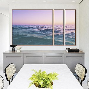 Trio de Quadros Estilizados Nascer do Sol Rosa Lilás Mar Azul Natureza Canvas Moldura