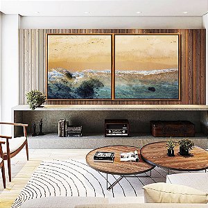 Duo de Quadros Quadrados Praia Pedras Mar Turquesa Natureza Canvas Moldura