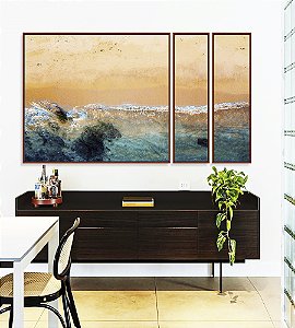 Trio de Quadros Estilizados Praia Pedras Mar Turquesa Natureza Canvas Moldura