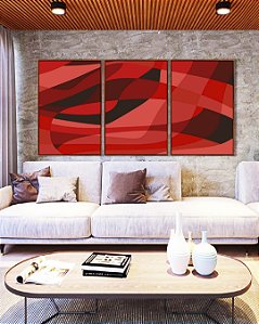 Trio de Quadros Abstrato Tons de Vermelho Preto Canvas Moldura