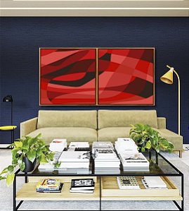 Duo de Quadros Quadrados Abstrato Tons de Vermelho Preto Canvas Moldura