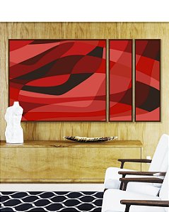Trio de Quadros Estilizados Abstrato Tons de Vermelho Preto Canvas Moldura
