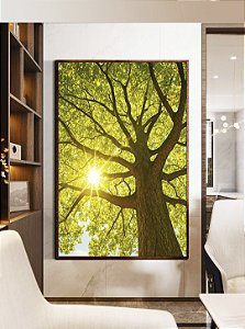 Quadro Vertical Paisagem Copa de Árvore Sol Folhas Verdes Natureza Canvas Moldura