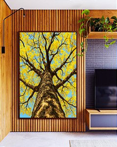 Quadro Vertical Árvore Ipê Amarelo Céu Azul Nartureza Paisagem Canvas Moldura