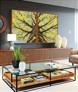Duo de Quadros Árvore Ipê Amarelo Céu Azul Nartureza Paisagem Canvas Moldura