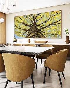 Duo de Quadros Quadrados Árvore Ipê Amarelo Céu Azul Nartureza Paisagem Canvas Moldura