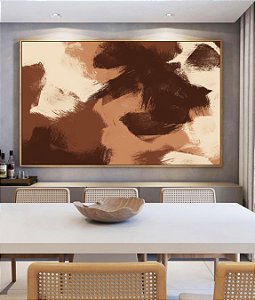Quadro Horizontal Abstrato Efeito Pintura Cor Marrom Pessego Canvas Moldura