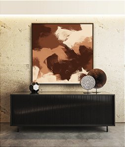 Quadro Quadrado Abstrato Efeito Pintura Cor Marrom Pêssego Canvas Moldura
