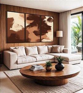 Trio de Quadros Abstrato Efeito Pintura Cor Marrom Pêssego Canvas Moldura