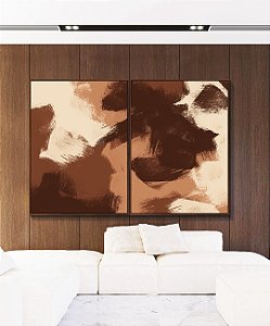 Duo de Quadros Abstrato Efeito Pintura Cor Marrom Pêssego Canvas Moldura