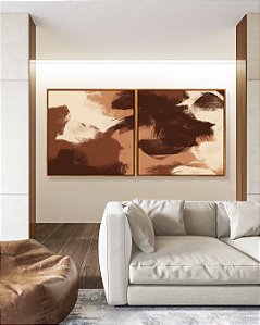 Duo de Quadros Quadrados Abstrato Efeito Pintura Cor Marrom Pêssego Canvas Moldura