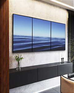 Trio de Quadros Mar Azul Ondulado Ceu Claro Limpo Canvas Moldura
