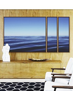 Trio de Quadros Estilizados Mar Azul Ondulado Ceu Claro Limpo Canvas Moldura