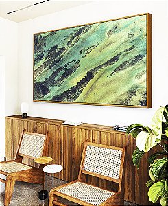 Quadro Horizontal Abstrato Cinza Verde Turquesa Canvas Moldura