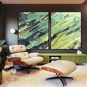 Duo de Quadros Abstrato Cinza Verde Turquesa Canvas Moldura