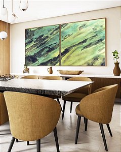 Duo de Quadros Quadrados Abstrato Cinza Verde Turquesa Canvas Moldura