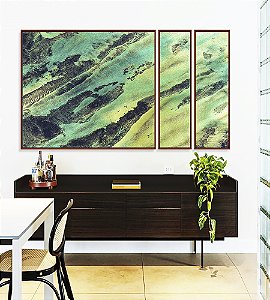 Trio de Quadros Estilizados Abstrato Cinza Verde Turquesa Canvas Moldura