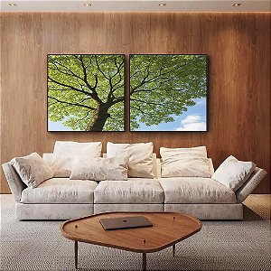 Duo de Quadros Quadrados Paisagem Copa de Árvore Folhas Verdes Natureza Canvas Moldura