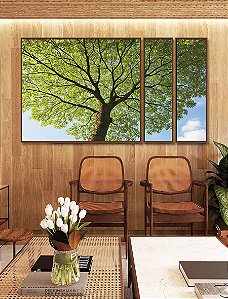 Trio de Quadros Estilizados Paisagem Copa de Árvore Folhas Verdes Natureza Canvas Moldura