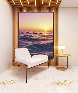 Quadro Vertical Pôr do Sol Rosa Lilás Mar Ondulado Canvas Moldura
