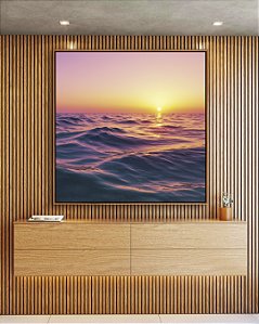 Quadro Quadrado Pôr do Sol Rosa Lilás Mar Ondulado Canvas Moldura