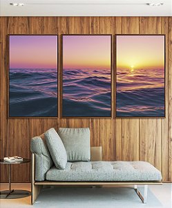 Trio de Quadros Pôr do Sol Rosa Lilás Mar Ondulado Canvas Moldura