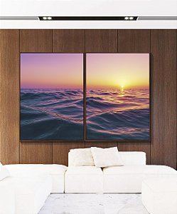 Duo de Quadros Pôr do Sol Rosa Lilás Mar Ondulado Canvas Moldura