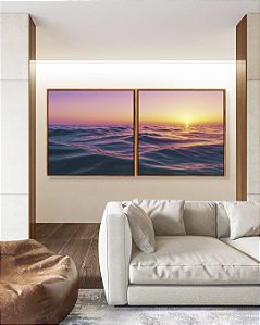 Duo de Quadros Quadrados Pôr do Sol Rosa Lilás Mar Ondulado Canvas Moldura