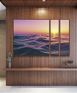 Trio de Quadros Estilizados Pôr do Sol Rosa Lilás Mar Ondulado Canvas Moldura