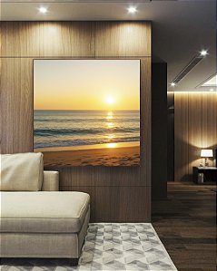 Quadro Quadrado Nascer do Sol Mar Prateado Praia Canvas Moldura