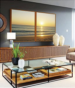 Duo de Quadros Nascer do Sol Mar Prateado Praia Natureza Canvas Moldura