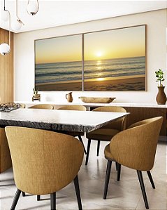 Duo de Quadros Quadrados Nascer do Sol Mar Prateado Praia Natureza Canvas Moldura