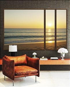 Trio de Quadros Estilizados Nascer do Sol Mar Prateado Praia Natureza Canvas Moldura