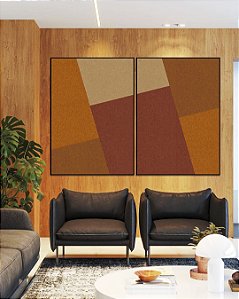 Duo de Quadros Abstrato Geométrico Marrom Telha Canvas Moldura