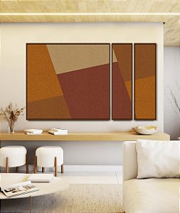 Trio de Quadros Estilizados Abstrato Geométrico Marrom Telha Canvas Moldura