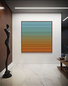Quadro Quadrado Abstrato Degradê Listras Azul Turquesa Laranja Canvas Moldura