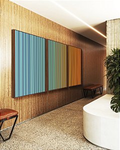 Trio de Quadros Abstrato Degradê Listras Azul Turquesa Laranja Canvas Moldura