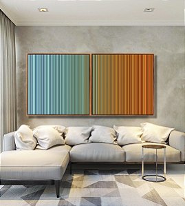 Duo de Quadros Quadrados Abstrato Degradê Listras Azul Turquesa Laranja Canvas Moldura
