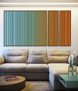 Trio de Quadros Estilizados Abstrato Degradê Listras Azul Turquesa Laranja Canvas Moldura