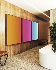 Trio de Quadros Abstrato Degradê Amarelo Rosa Azul Turquesa Canvas Moldura
