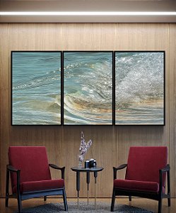Trio de Quadros Onda em Mar Azul Turquesa Natureza Canvas Moldura