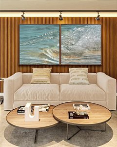 Duo de Quadros Quadrados Onda em Mar Azul Turquesa Natureza Canvas Moldura